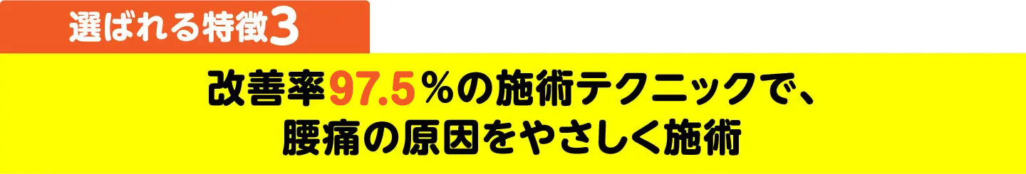 選ばれる特徴3 改善率97.5%の施術テクニックで、腰痛の原因をやさしく施術