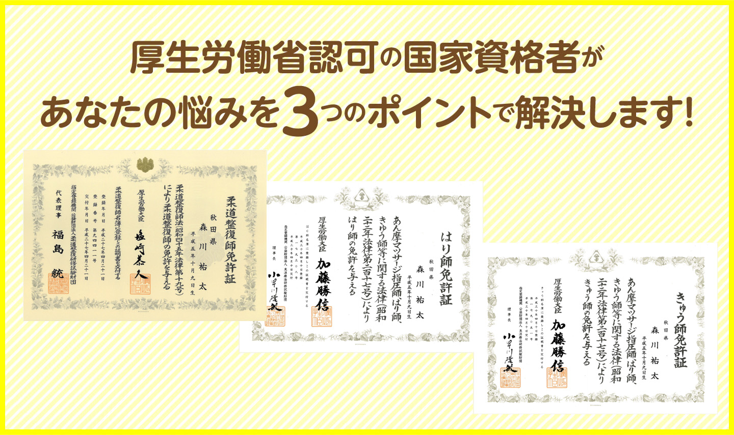 厚生労働省認可の国家資格者があなたの悩みを3つのポイントで解決します（国家資格証の写真）