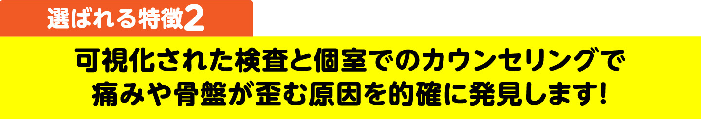 選ばれる特徴2 可視化された検査と個室でのカウンセリングで痛みや骨盤が歪む原因を的確に発見します
