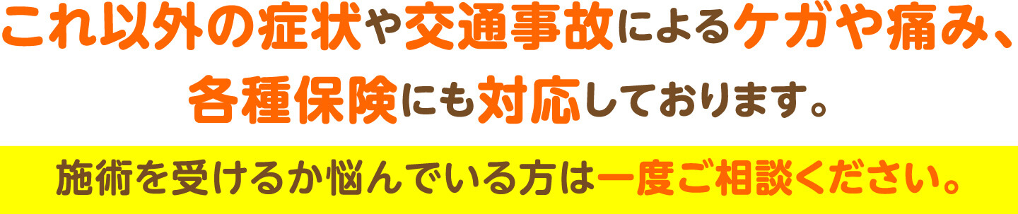 これ以外の症状や交通事故によるケガや痛み、各種保険にも対応しております。施術を受けるか悩んでいる方は一度ご相談ください