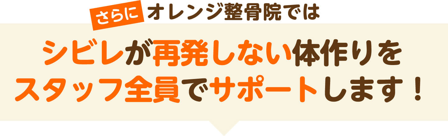 さらにオレンジ整骨院ではシビレが再発しない体作りをスタッフ全員でサポートします