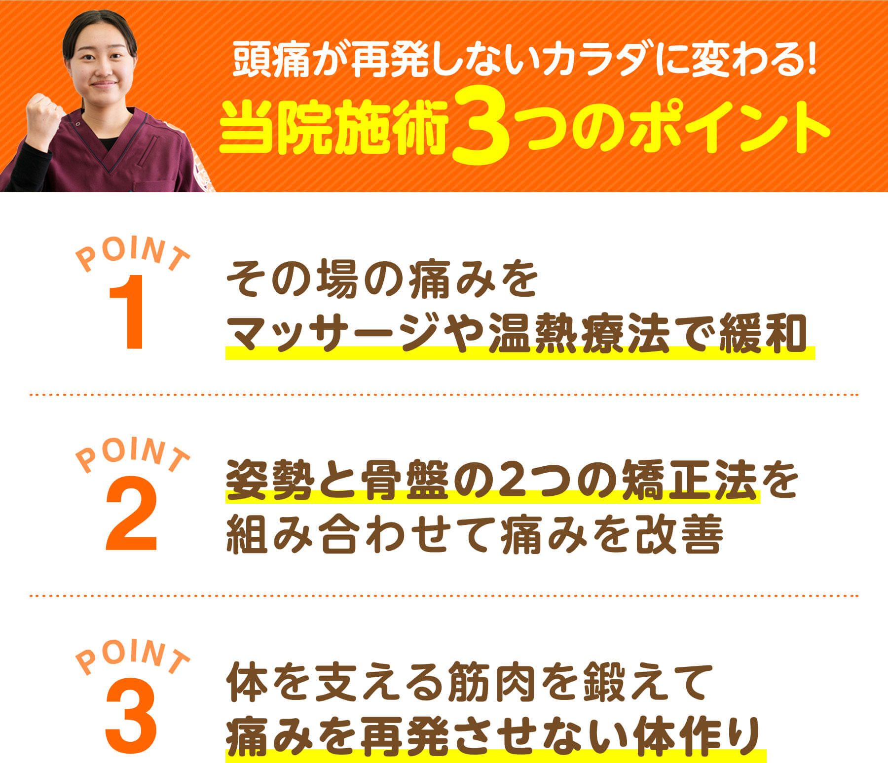 頭痛が再発しないカラダに変わる 当院施術3つのポイント（マッサージや温熱療法で緩和・姿勢と骨盤の2つの矯正法・体を支える筋肉を鍛える）