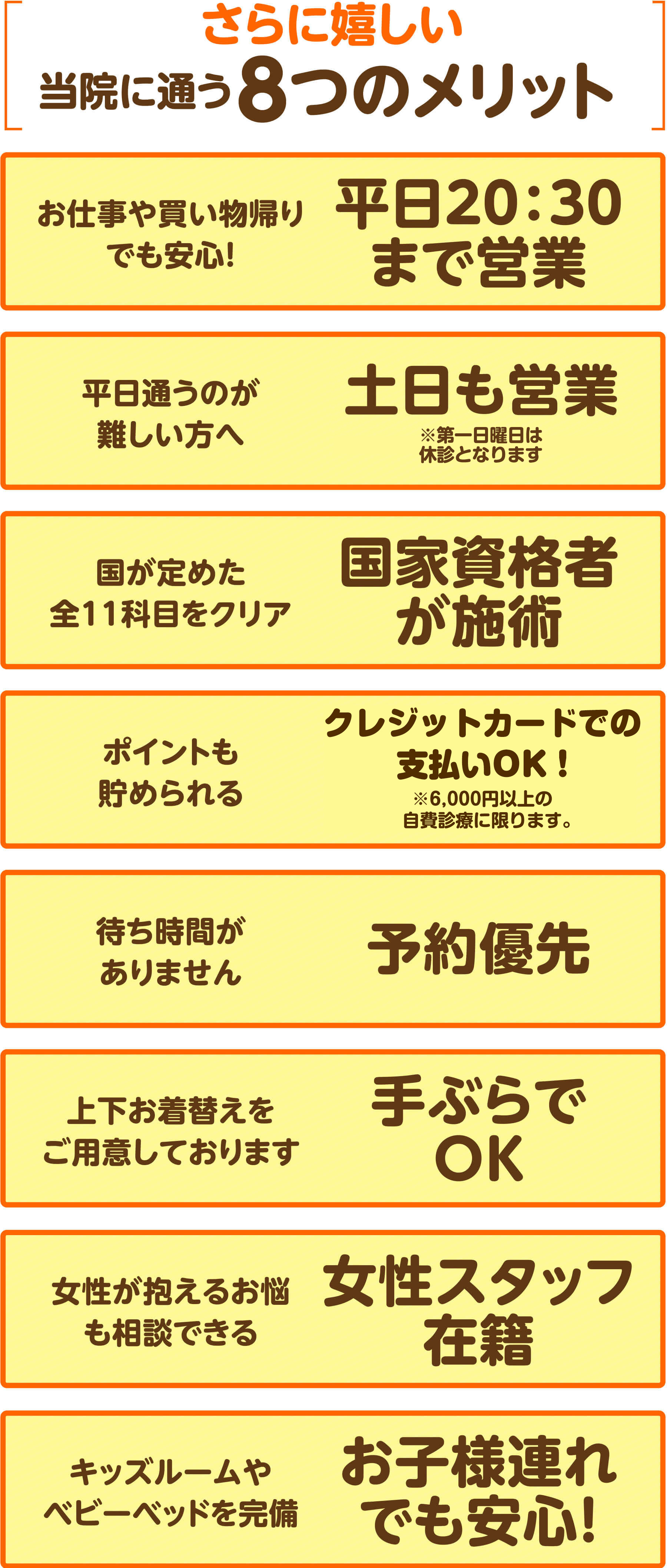 さらに嬉しい当院に通う8つのメリット（平日20:30まで営業・土日も営業・国家資格者が施術・手ぶらでOK・予約優先・女性スタッフ在籍・クレジットカード支払OK・お子様連れでも安心）