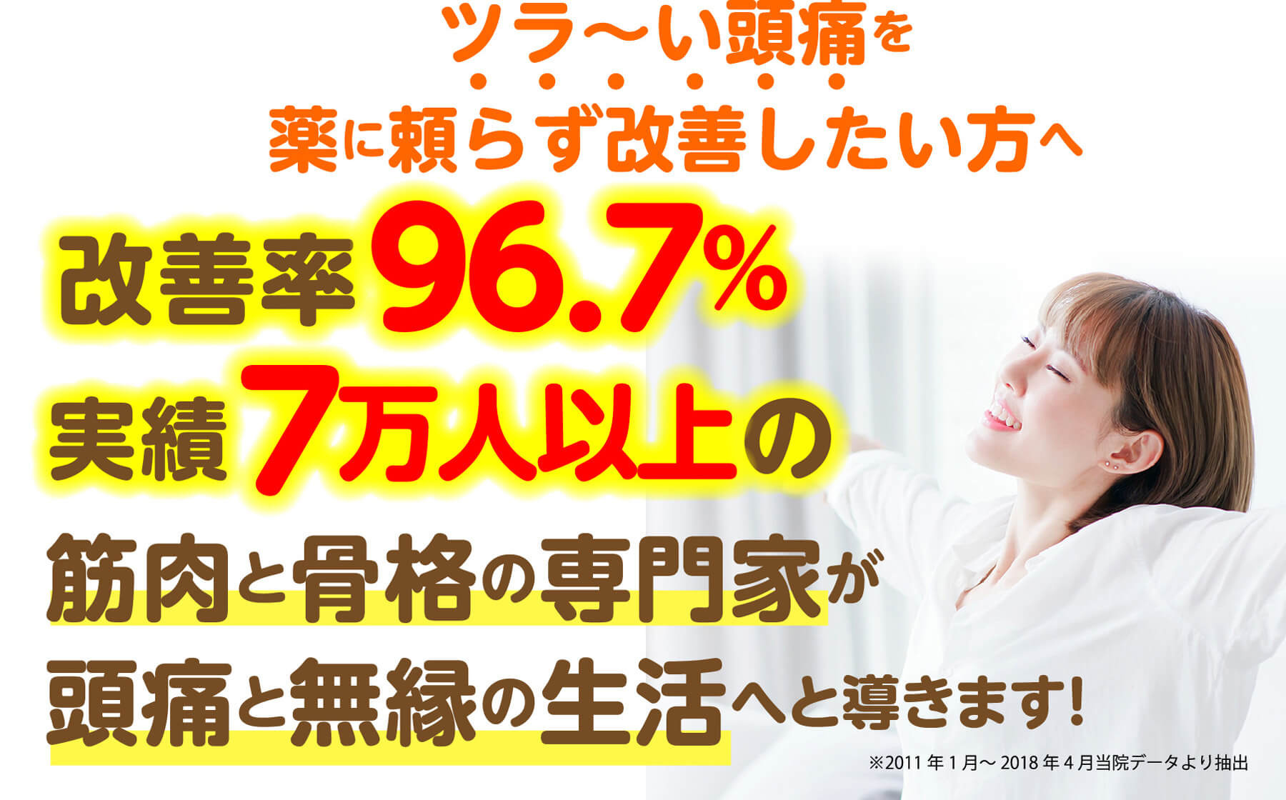 ツラ〜い頭痛を薬に頼らず改善したい方へ 改善率96.7%実績7万人以上の筋肉と骨格の専門家が頭痛と無縁の生活へと導きます
