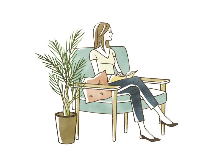 緑のソファで脚を組んで座り、本を読む女性のイラスト