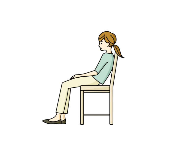 背もたれに寄りかかり、浅く腰かけて座る女性のイラスト